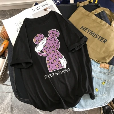 black Женская футболка, хлопковая футболка, женская футболка, Harajuku, летняя Корейская одежда, винтажные Мультяшные футболки с коротким рукавом, с рисунком Микки - Цвет: black