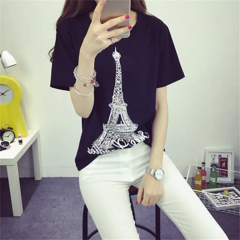 Новый Мода Весна Лето С Коротким Рукавом Майка Женщины Топы Эйфелева Башня
