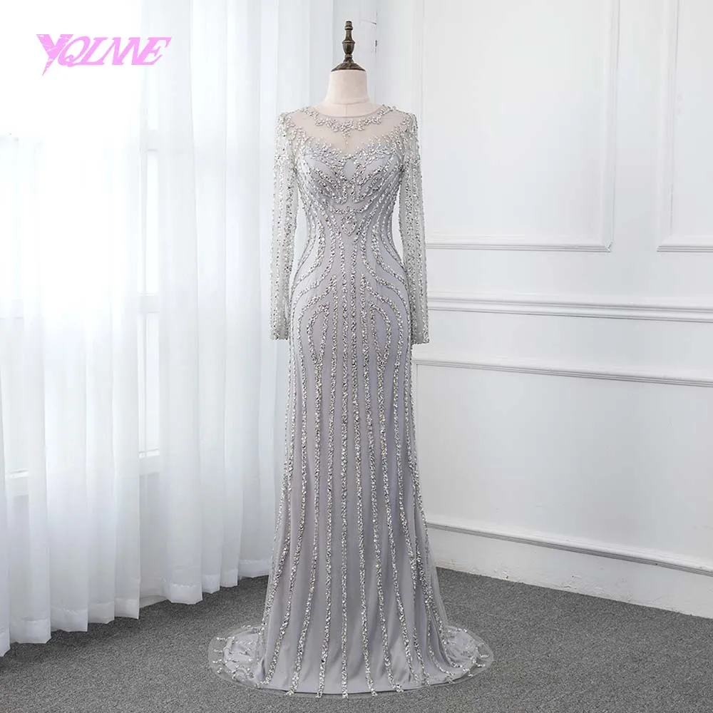 

YQLNNE Vestido De Festa 2019 Full Sleeve Mermaid Evening Dress Crystals Beading Formal Gown Back See Through Pageant Dresses