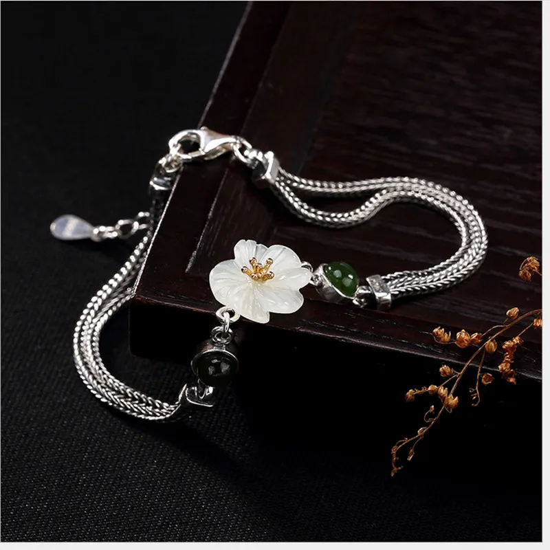 Женские браслеты из серебра 925 пробы с натуральным белым нефритом романтичный