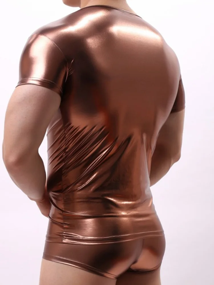 Gold Suit Сексуальное Мужское боди для похудения, футболка, Корректирующее белье, блестящий топ из искусственной кожи, Клубные футболки с эффектом мокрой кожи, нижнее белье, шорты, стринги, сексуальное Мужское боди - Цвет: Gold Suit