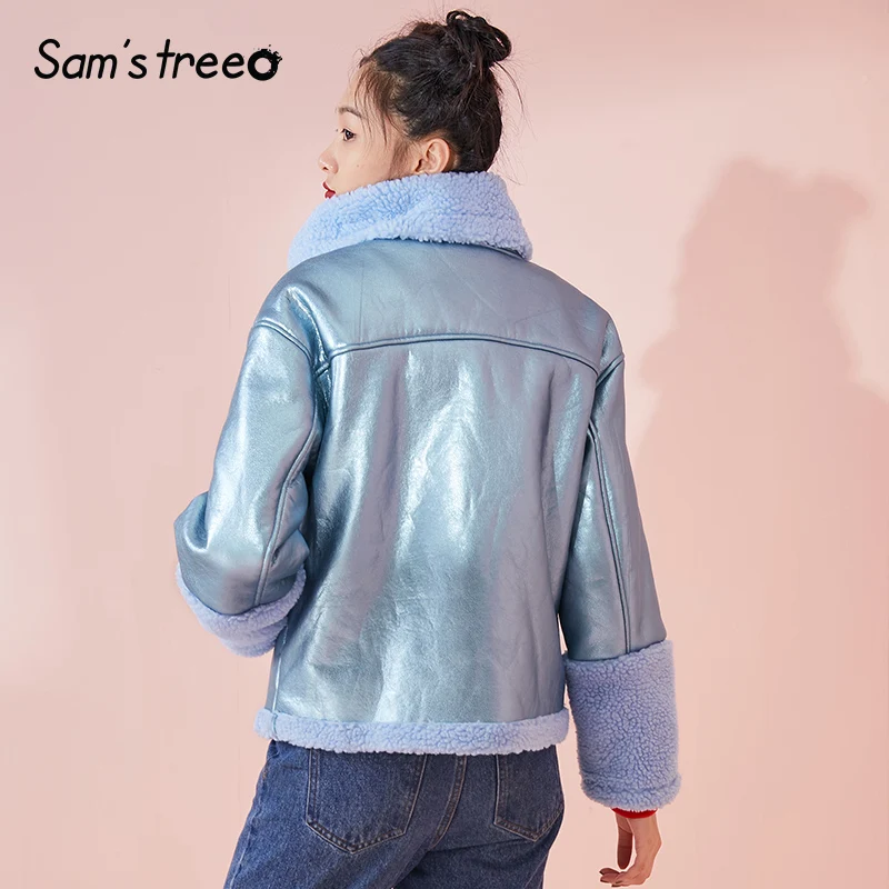 Samstree Moto& Biker Winter Women Short Coat Shiny Fabric Female Jacket Turtleneck Blue Warm Young Lady Coat