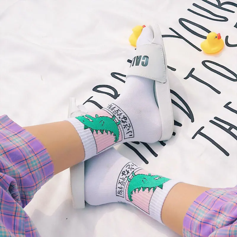 Epous/летние женские хлопковые носки Harajuku с рисунком динозавра из мультфильма