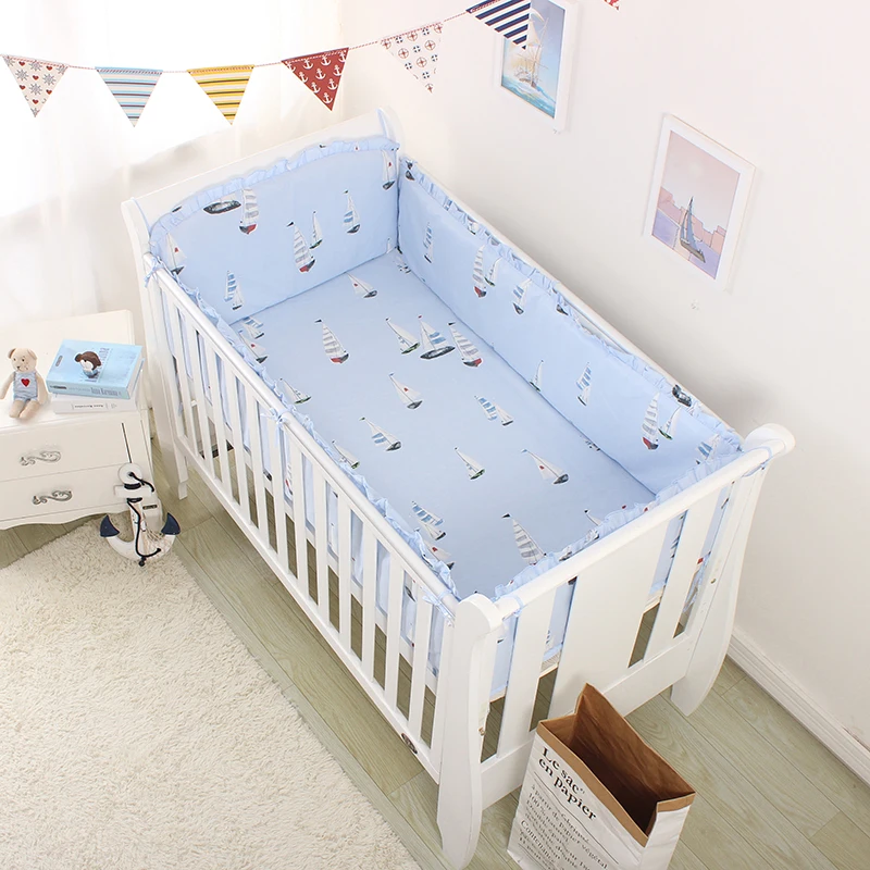 

5pcs Baby Boys Girls Bedding Set Cotton Baby Bed Linens Set Blue Crib Bedding Kit Include Cot Protect Bumpers Bed Sheet Soft