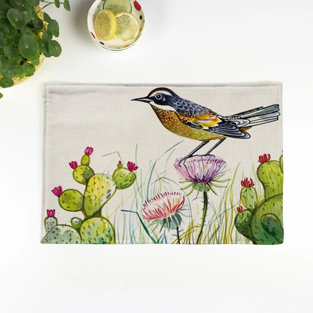 4pcs European birds embroidered Placemat restaurant tea towels bowls coasters Western tableware pad linen kitchen table mats | Дом и сад