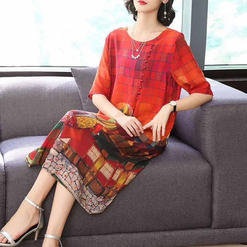 

Silk dress 2020summer new plaid print dress fashion loose red short-sleeved dress large size M-3XL high quality elegant vestidos