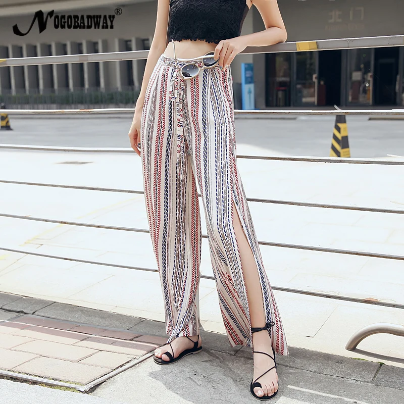 Женские свободные шифоновые брюки летние длинные широкие богемные раздельные с