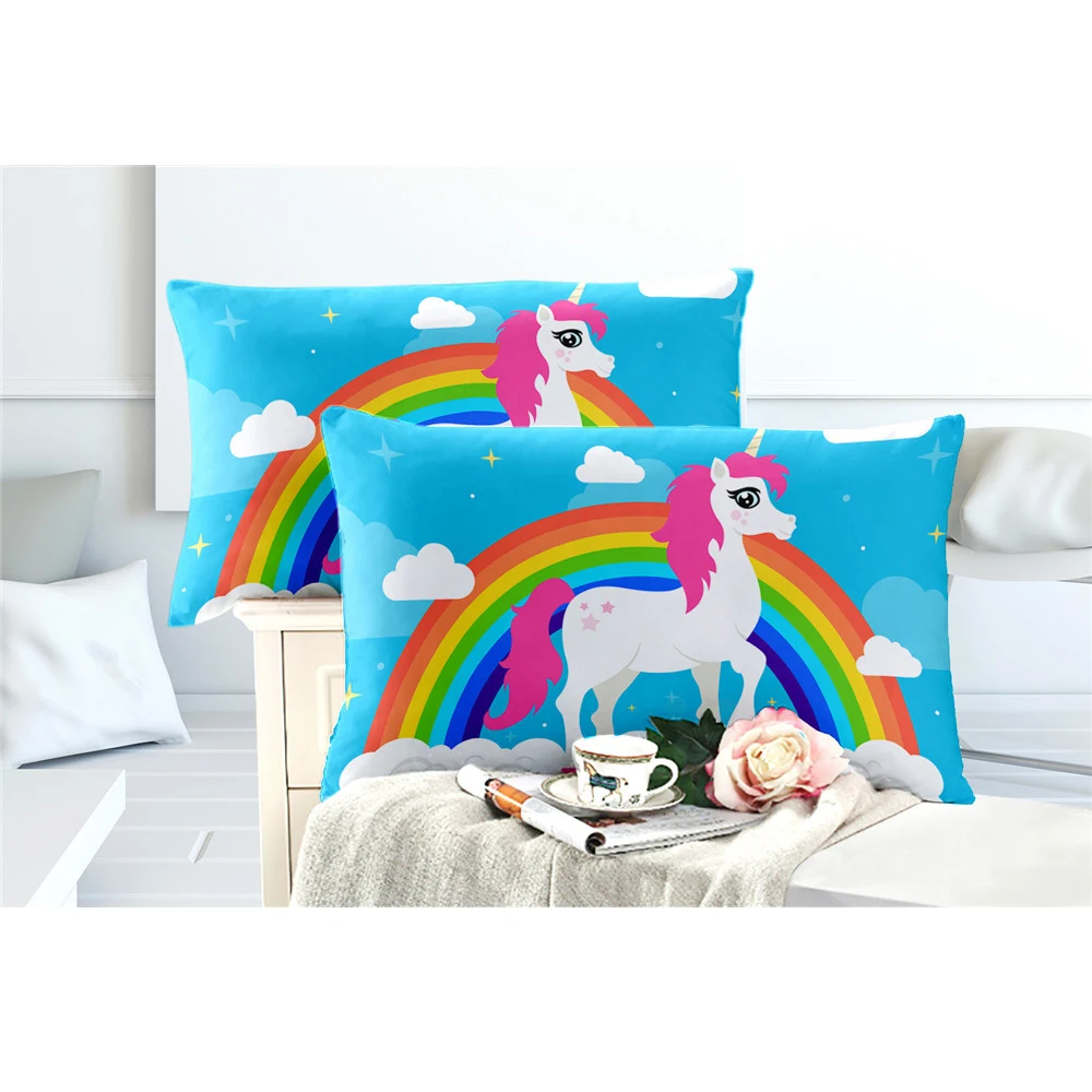 

Kids Unicorn Bedding Set Blue Cartoon Duvet Cover Set Colorful Rainbow Castle Print Bedding Cover Twin Full Queen King Size D49
