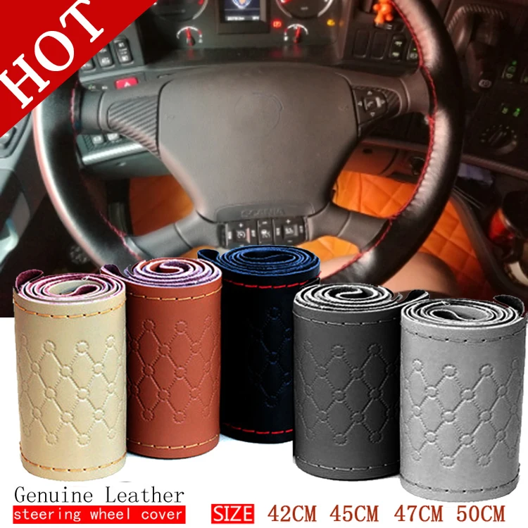 BACANO Truck Bus RV Car Genuine Leather Steering wheel Cover DIY 42/45/47/50cm  for VOLVO FH FM BENZ IVECO FIAT SCANIA DAF MAN