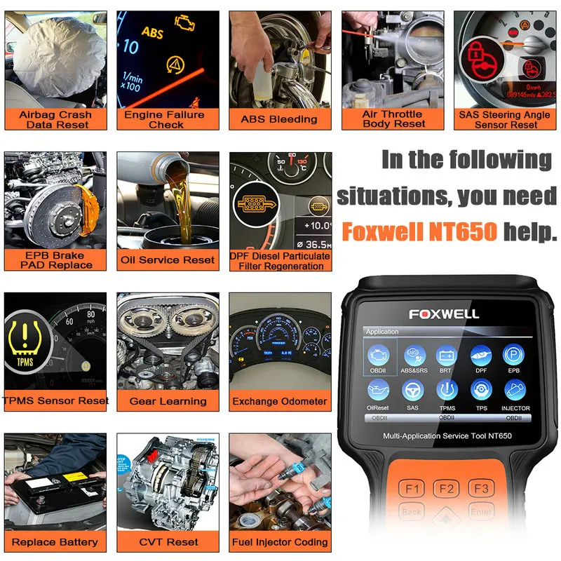 Foxwell NT650 OBD2 автомобильный сканер ABS Airbag SAS EPB DPF TPMS инжектор сброса масла ODB2