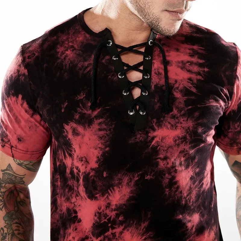 Мужская камуфляжная футболка Moomphya с перекрестными шнуровками на воротнике