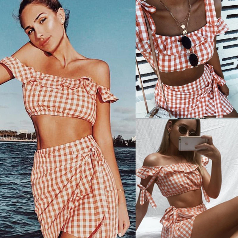 

Women Dresses Set Plaid Summer Dress Ruffle Slash Neck 2019 Mini Sundress Casual Sexy Bodycon Top Beach Dress Vestido De Festa
