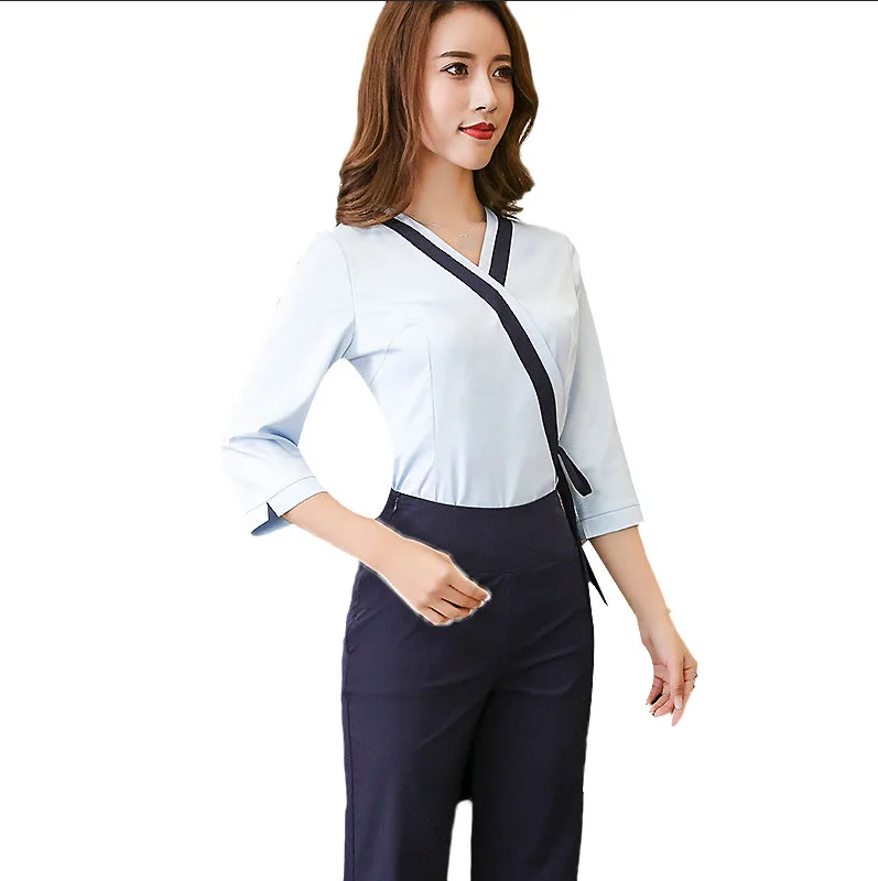2 шт./компл. Slim Fit Комбинезоны косметичка Красота салон Рабочая Костюмы музей здоровья спа техник женские элегантные качественные костюм - Цвет: Blue