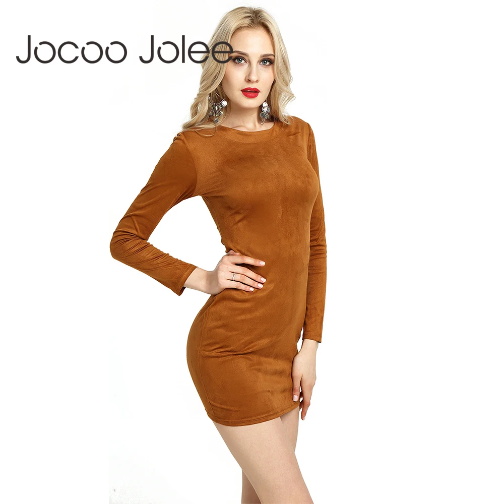 Женское облегающее платье Jocoo Jolee теплое замшевое мини с круглым вырезом