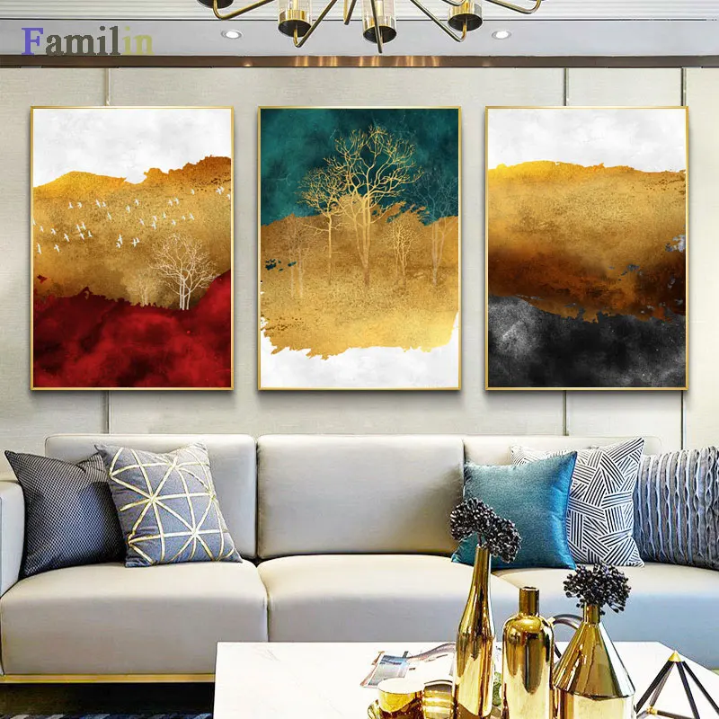 

Golden Tree Green Plant Painting Nordic Style Poster and Print Wall Art Canvas Picture For Living Room Aisle Abstract Home Decor