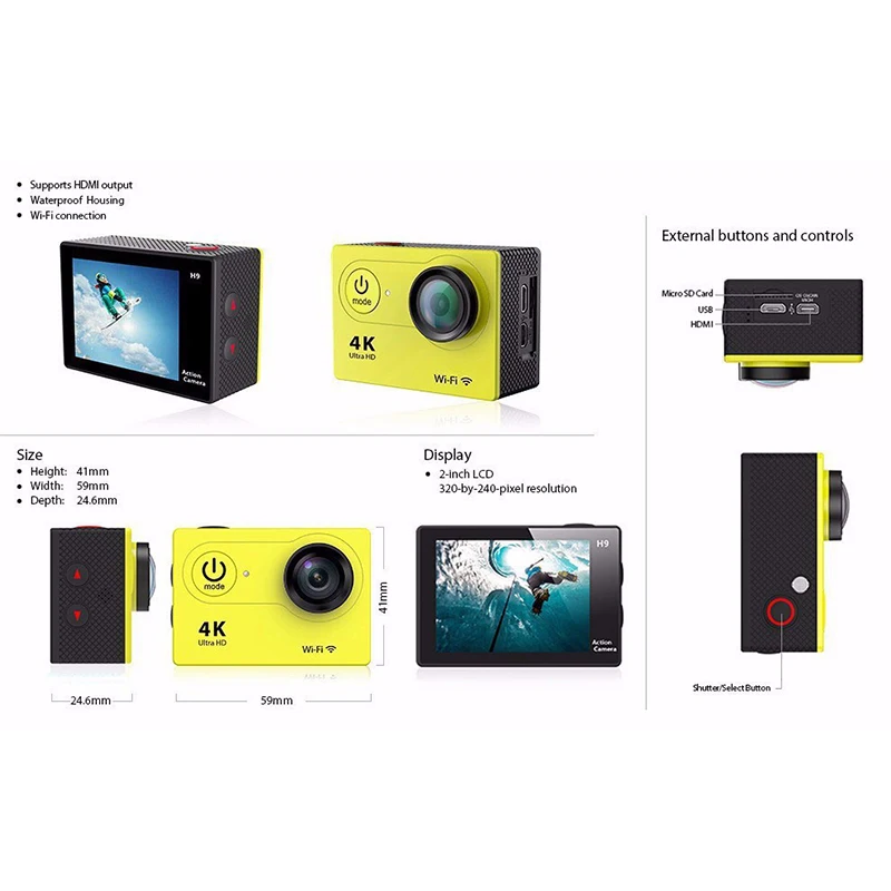 Продажа Водонепроницаемая Экшн-камера 4k, Wi-Fi, мини-камера для Go Pro 2,0, цветной ЖК-экран, подводная видеокамера, шлем, Спортивная камера для активного о...