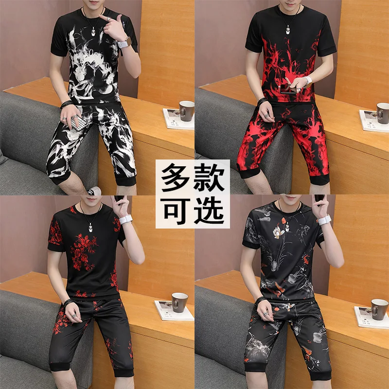 

Fashion trend 3D creative printing two pieces t shirt and shorts suit Summer 2018 New top quality ice silk mens short sets M-3XL