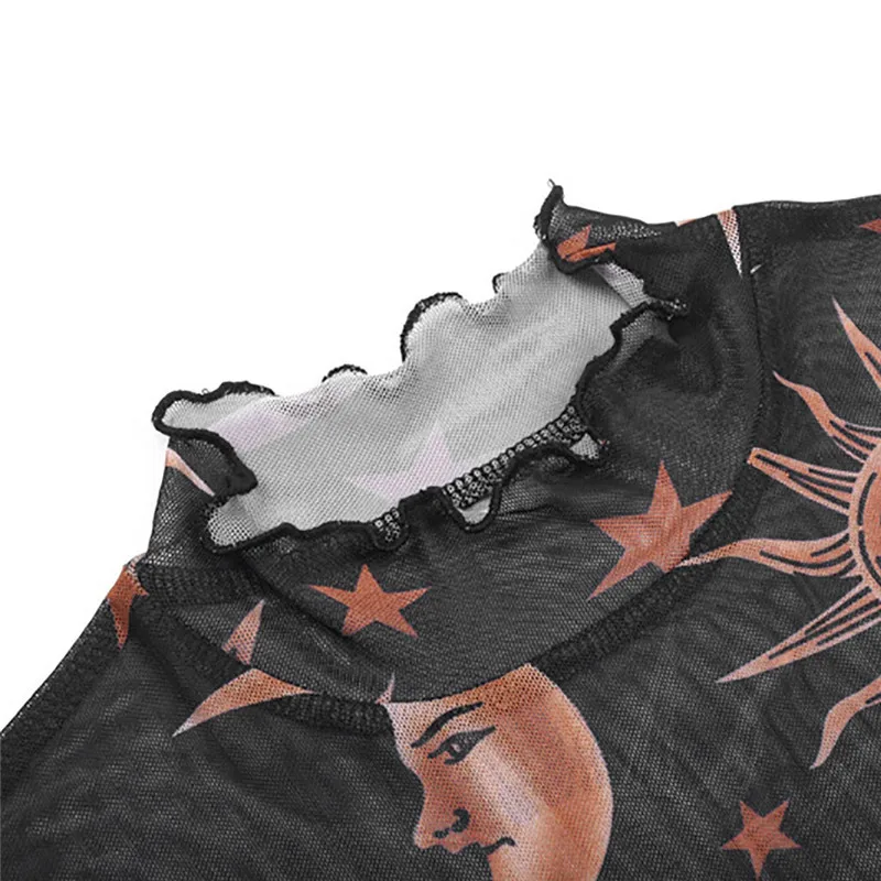 Милый Moon Sun Star Печатный короткий модный топ Женская сексуальная сетка прозрачная