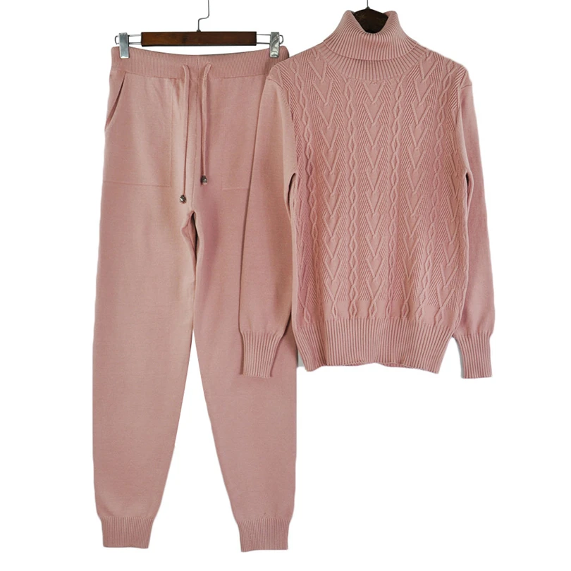 Pink Женский вязаный спортивный костюм-двойка MVGIRLRU, вязаный костюм со свитером с высоким воротником и брюками - Цвет: Pink