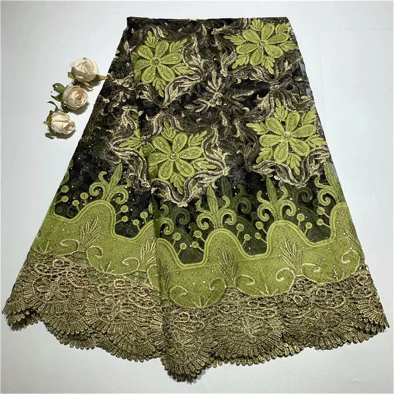 

High Quality Nigeria Wedding African Lace Fabric With Stones Embroidery African French Tulle Lace Fabric 5 YARDS