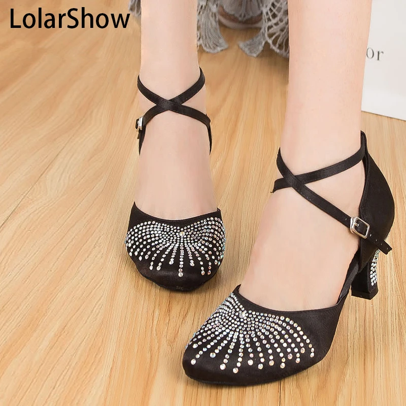 Женские черные/розовые атласные Стразы с кристаллами Бальные туфли для сальсы