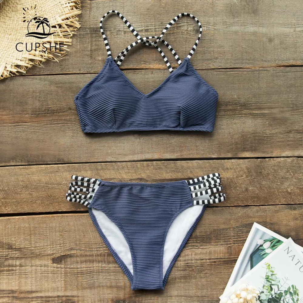 CUPSHE/темно синий комплект бикини в рубчик и с ремешками сексуальный купальник со