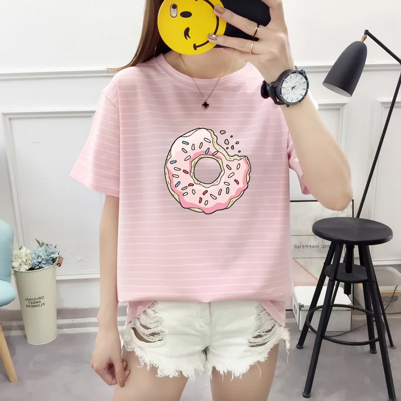 

Harajuku Summer Striped Tee Shirt Women Kawaii Doughnut Print Short Sleeve Loose Tees Femme Tops Casual Female T-shirt M-XXL