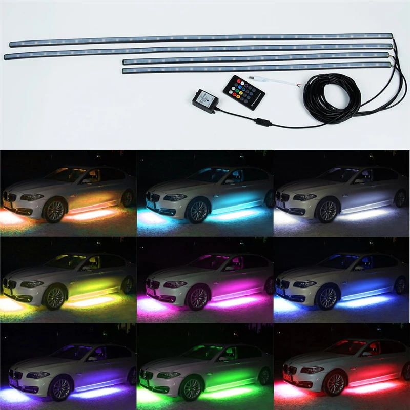 

4 шт. RGB светодиодный комплект неоновых огней для подвешивания автомобиля, со звуком и управлением, 60 см + 90 см
