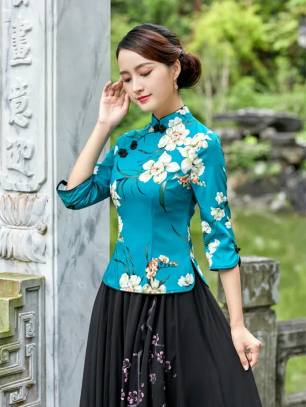 Sheng Coco элегантный Qipao Топ традиционное китайское Ципао Блузка 4XL Королевский синий китайским принтом женская одежда с длинным рукавом