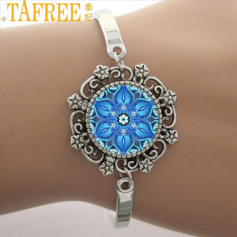 

TAFREE Blue Mandala Art Picture Bracelet Hot Fashion Silver Plated Bracelet & Bangle For Men Women Yoga Zen Jewelry Gifts HT011