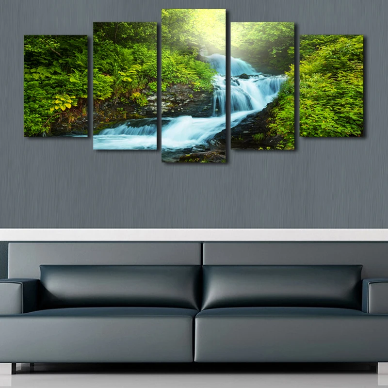 5 шт. модульная зеленый лес водопад пейзаж Картина принт живопись на холсте стены