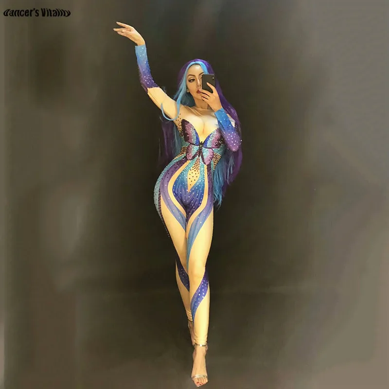 

Модный комбинезон с принтом бабочки для диджеев, телесный комбинезон с сиамским покрытием, одежда для сцены, сценические костюмы для певцов...