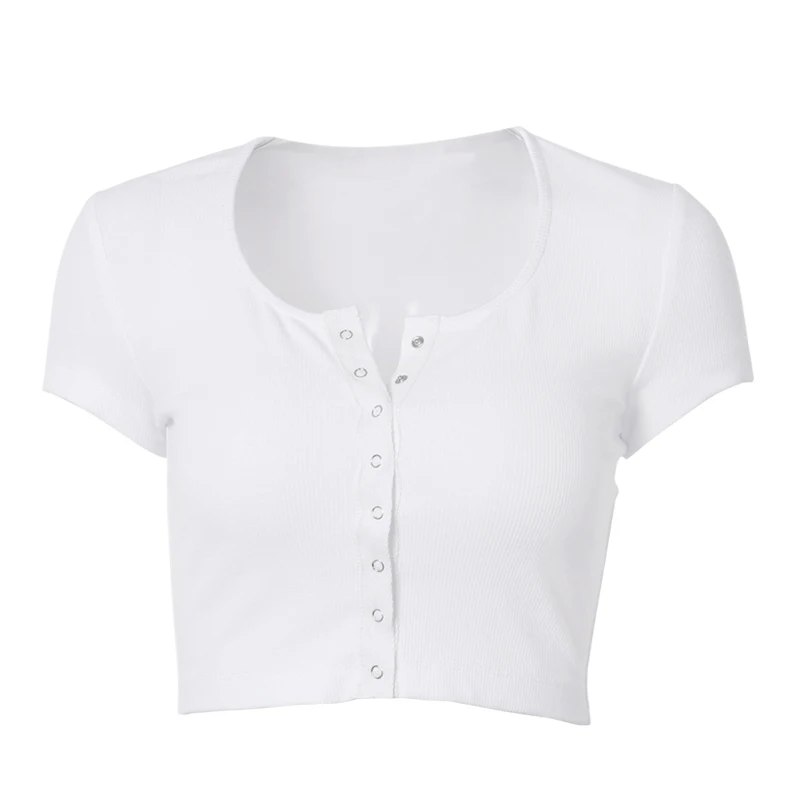 WannaThis Knitted V-Neck Sexy Crop Tops Buttons 2019 Women White Solid Casual Fashion T Shirt Female Tee | Женская одежда