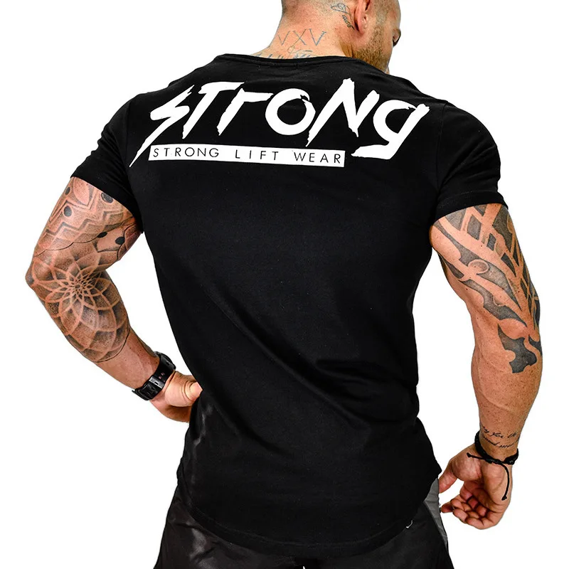 

Спортивная футболка для бега, Мужская дышащая одежда для тренировок в тренажерном зале, хлопковая облегающая футболка с круглым вырезом и к...