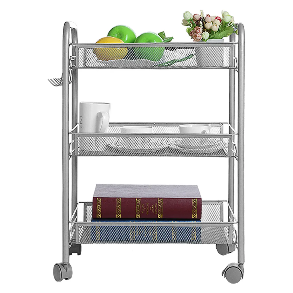 Жилая Бытовая products3-Tier сетчатая проволочная корзина для хранения на колесиках для кухни# G7