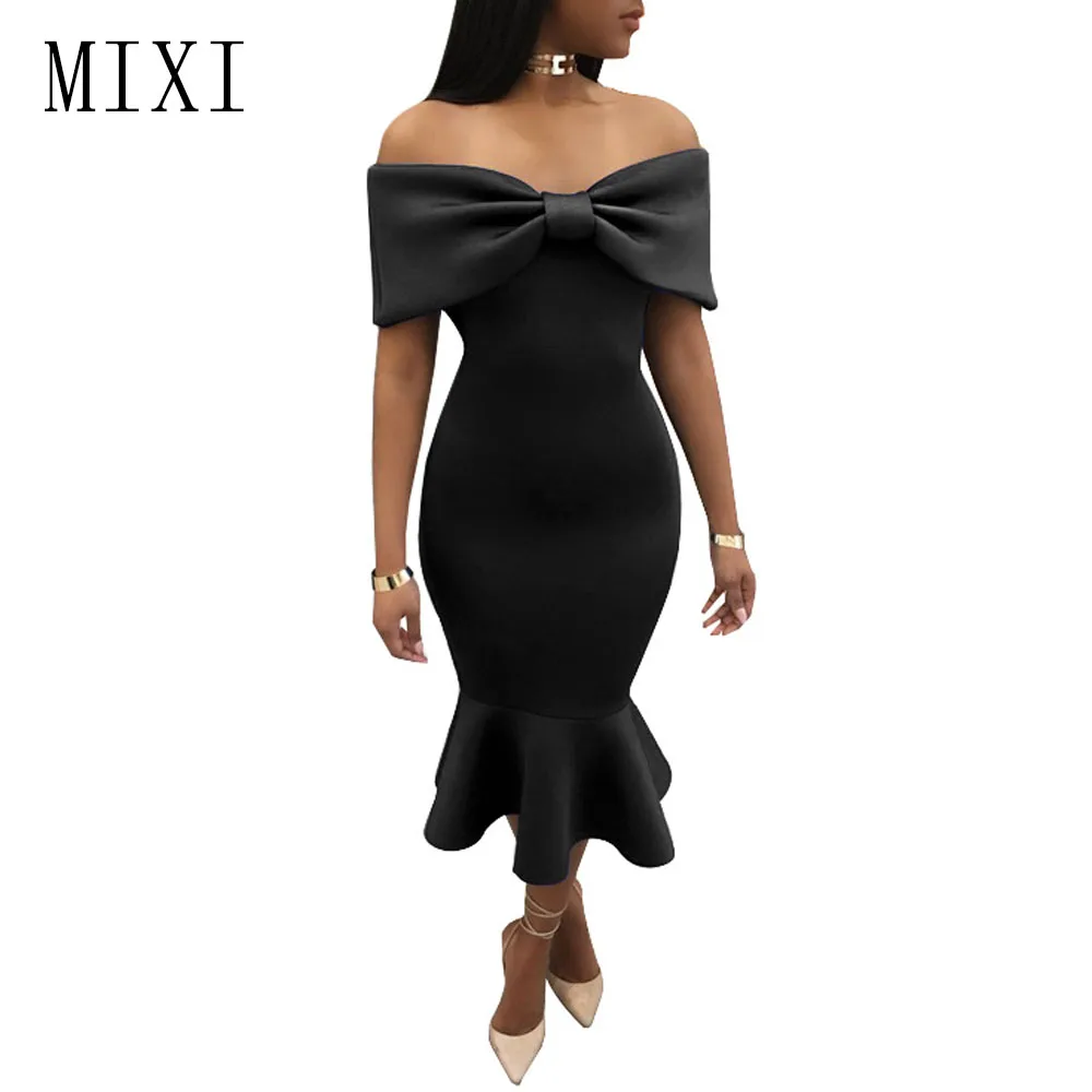 Black MIXI Vestidos, элегантное женское платье для вечеринки, синее, красное, черное, бант, накидка с открытыми плечами, платье русалки, винтажное, с оборками, облегающее платье - Цвет: Black