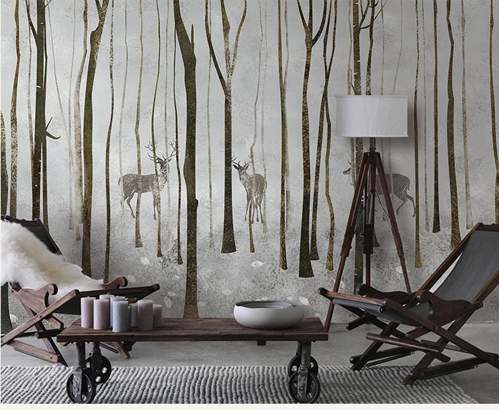 

8d abstract Big Tree Forest Wallpaper walls 3D Wall Stickers Hand-painted Sika deer Art Wall Mural for Living Room Decorate
