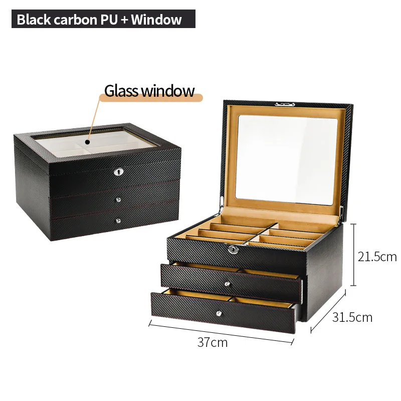 Black Carbon PU TOP Роскошная коробка для очков 24 чехол для солнцезащитных очков коробка для хранения часы и стенд для ювелирных украшений витрина из искусственной кожи - Цвет: Black Carbon PU TOP