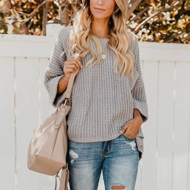 Pocket Loose Sweater and Pullover Autumn Winter Casual Woman O Neck Three Quarter Jumper Grey Black Beige | Женская одежда