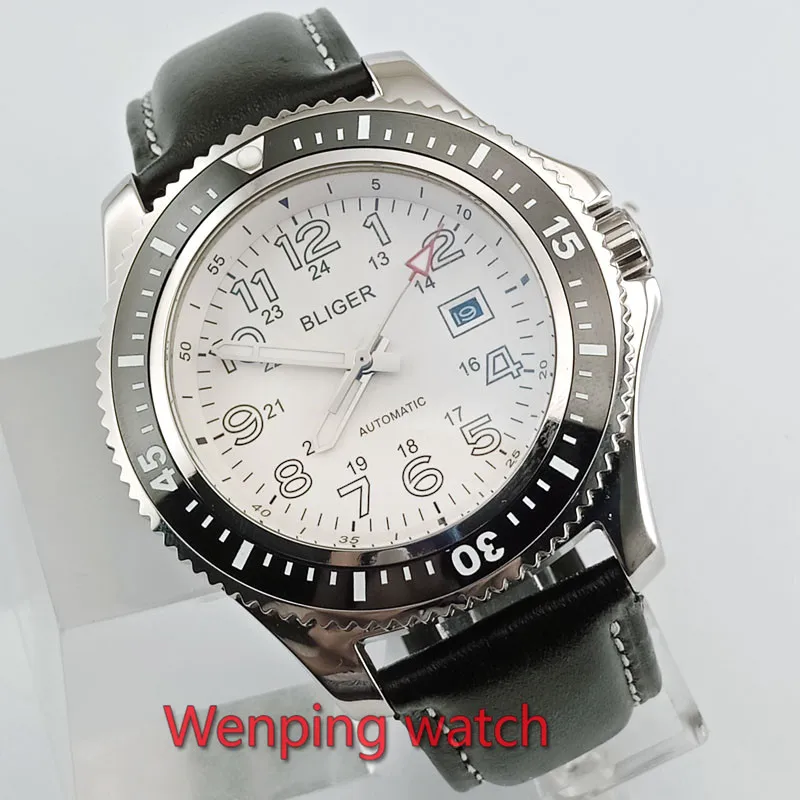 

New arrive 44mm BLIGER Automatic men's watch white dial luminous ceramic bezel polished SS case wrist watch men E2596