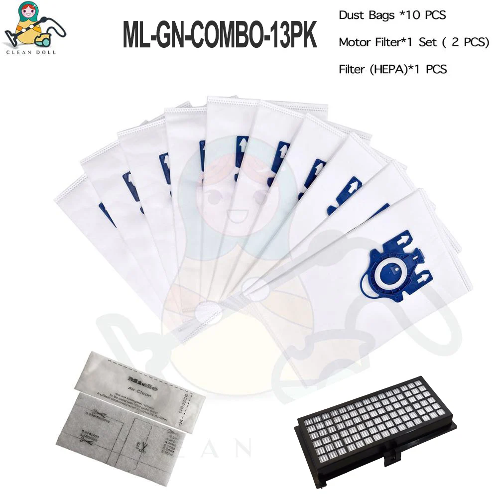 ML-GN-COMBO-13PK CLEAN DOLL 1 HEPA filter SF-HA30 2 Motor filter& Type GN 10 dust bags for Miele Classic C1 Dynamic U1 600 2000 S7 vacuum - Color: ML-GN-COMBO-13PK