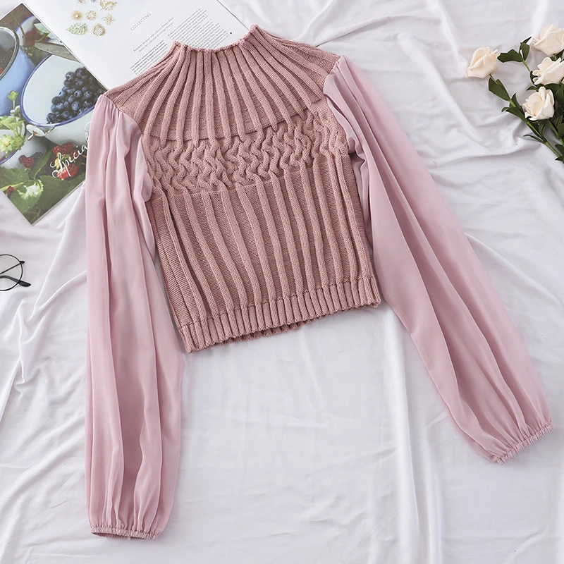 HELIAR Women Casual Lantern Sleeve Splicing Chiffon Spring Blouse Fashion pit knitting Slim Elastic Sweater Offic | Женская одежда
