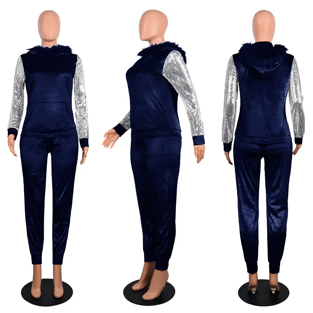 blue Wjustforu с меховым капюшоном, комплект из двух предметов, женский теплый элегантный бархатный спортивный костюм для женщин, облегающий Модный комплект из двух предметов - Цвет: blue