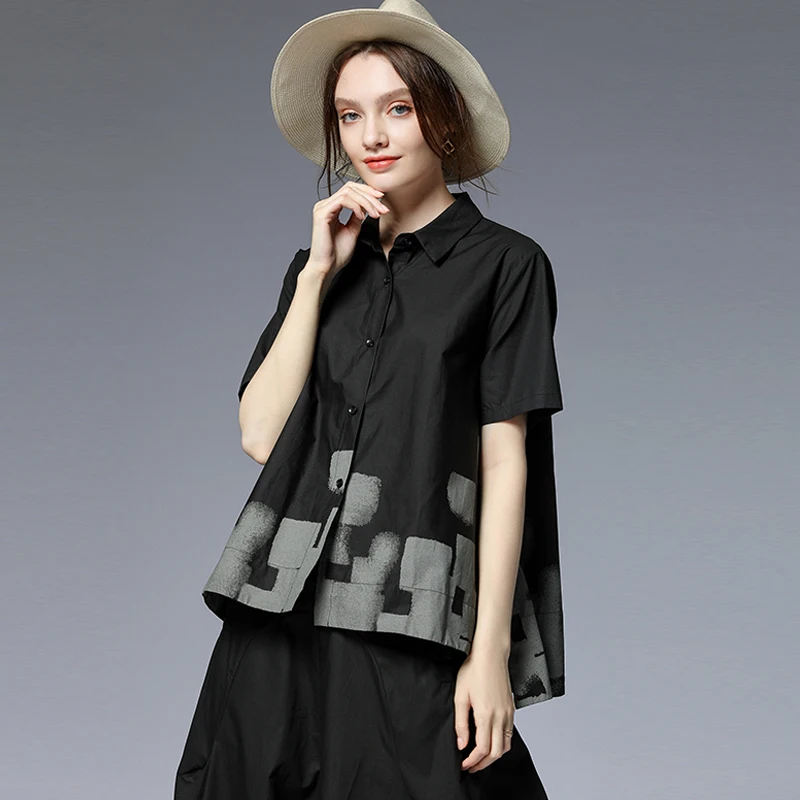 Large size women's 2019 summer new loose print casual shirt show slim versatile blouse turn down collar short sleeve | Женская