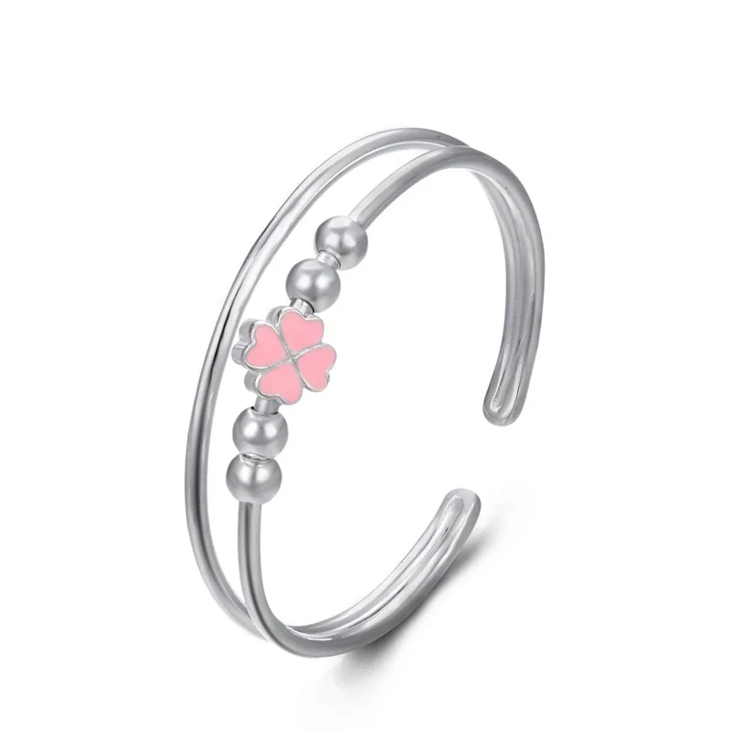 

YJ00715 New 990 Pure Silver Jewelry Pink Drop Oil Four Leaf Clover Hand Ring Lady Opening Double Layer Handwear Women Bracelet