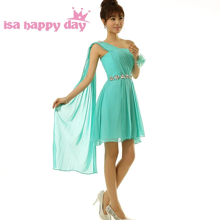 Драпированные платья на одно плечо для подружек невесты короткие бирюзовые