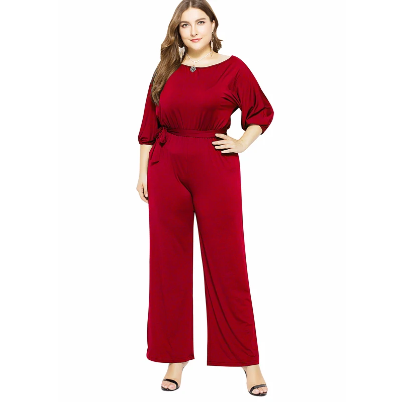 

Plus Size Bandage With Belt Jumpsuit Solid Tunic Straight Playsuit Casual Summer Rompers Wide Leg Office Ladies Overalls Women