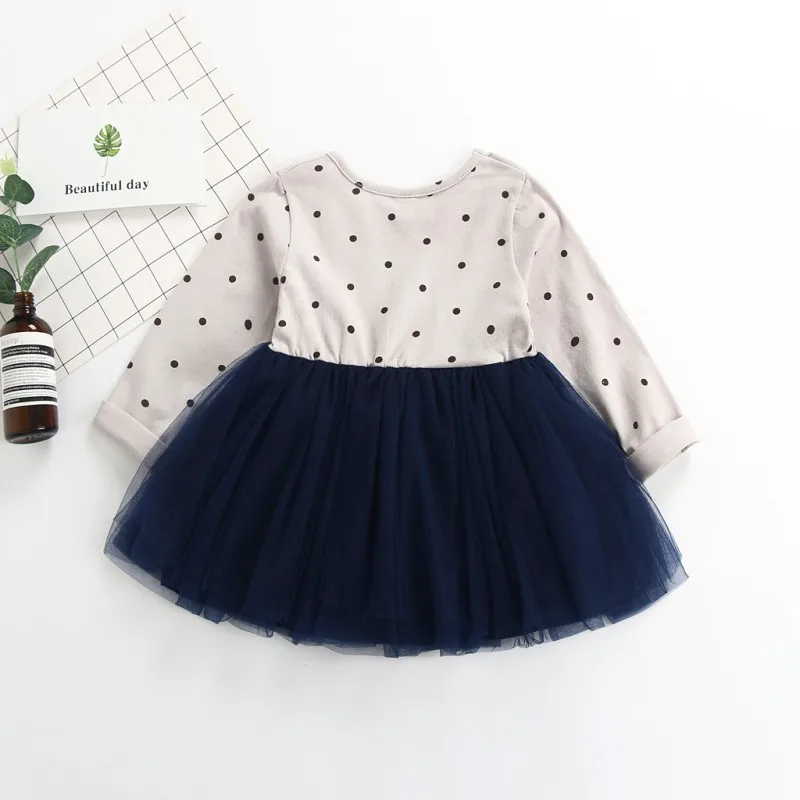 

New Baby Girls Dress Kids Dot Print Mesh Dresses Long Sleeve Casual Cotton Sundress Outfits