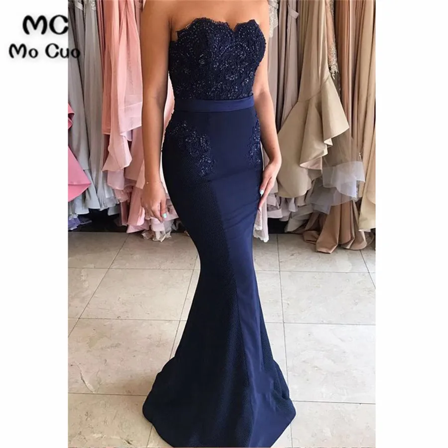 

2018 Navy Blue Wedding Party Dress Maid of Honer Mermaid Beaded wedding Guest dress Elastic Satin Formal Long Bridesmaid Dresses