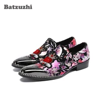 batzuzhi 2020 new handmade men shoes silver metal tip black suede print with flowers rock mens dress shoes party runwawy 38 46